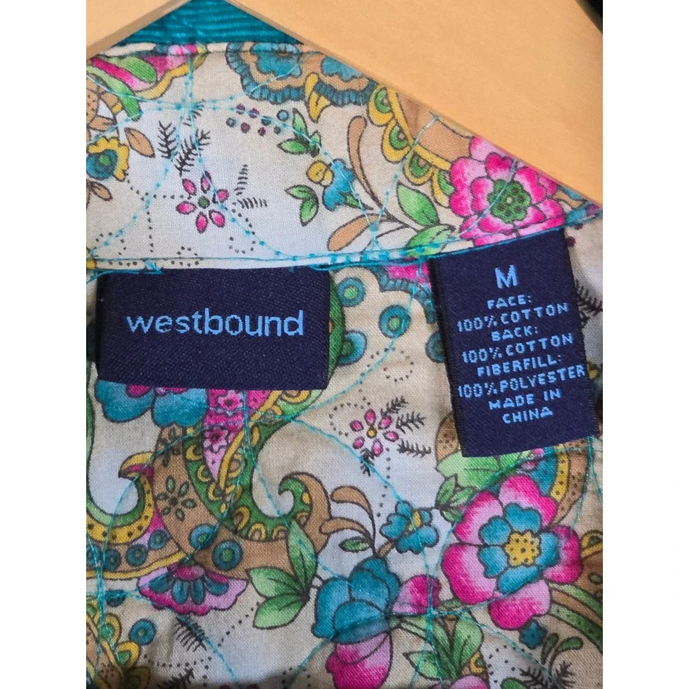 Westbound Womens M Teal Quilted Corduroy Button Front Jacket Paisley Cuff Lining